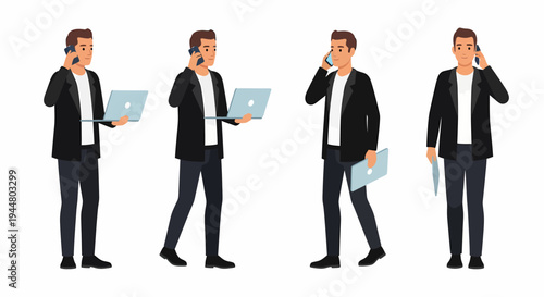 Four full-body illustrations of a young man in a black jacket and white t-shirt, talking on a phone, holding a laptop or document, on a white background.