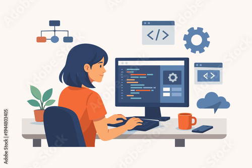 Female programmer software engineer coding on desktop computer at workstation, flat vector illustration of woman developer working on web application development with coding and tech icons.