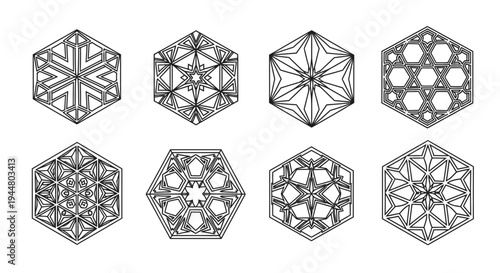 Set of eight distinct hexagonal shapes filled with intricate geometric patterns, creating elegant traditional decorative motifs in black line art on a bright studio background.