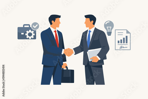 Professional businessmen in suits shaking hands to seal a deal or partnership agreement, flat vector illustration featuring icons for innovation, contract signing, and project management success.