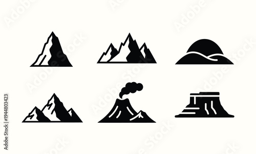 Collection of six black mountain silhouettes with varying shapes and volcanic features