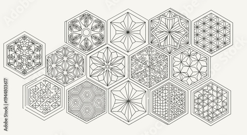 Collection of hexagonal geometric patterns, an intricate traditional Asian decorative design set in black line art on a bright studio background.