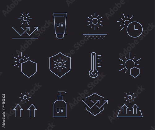 Collection of uv protection symbols, drawn with blue contour lines on black background, bundle of skin safety, temperature heat, solar shield, healthcare signs, vector illustration in lineart style. 