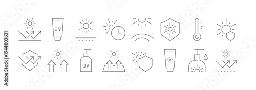 Uv protection designs, sunblock, sun rays, skin safety, temperature heat, solar shield, healthcare, outlined contoured flat vector illustration isolated on white background.