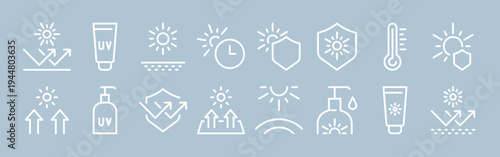 Uv protection, sunblock, sun rays, skin safety, temperature heat with solar shield, different shapes, healthcare, isolated flat vector illustrations set.