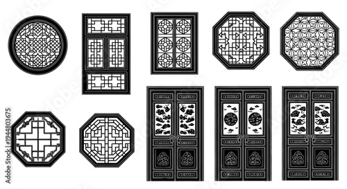 Bilde på lerret Set of traditional Chinese window and door panels with intricate geometric and cloud patterns, solid black silhouettes on an isolated white background