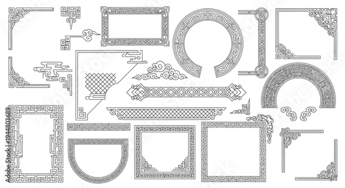 Collection of traditional Asian ornate frames, decorative borders, corners, and fan elements in black line art on an isolated white background.
