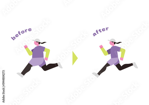 走る女性の体型ビフォー・アフターベクターイラスト素材セット