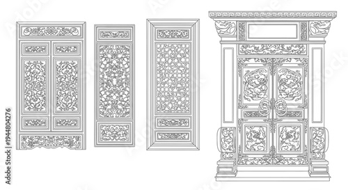 Collection of highly ornate traditional Asian door designs featuring intricate patterns and grand architectural details, on an isolated white background.