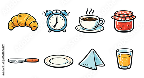 Croissant, coffee, alarm and breakfast items on gray background