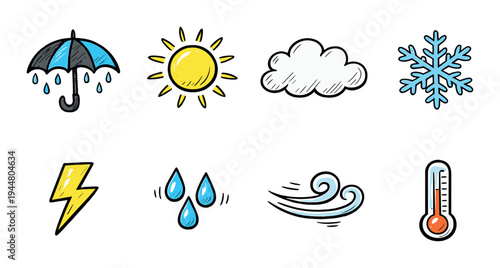 Set of weather symbols showing sun, rain, wind and cold