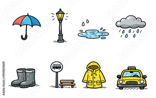 Weather and street objects arranged on dark urban background