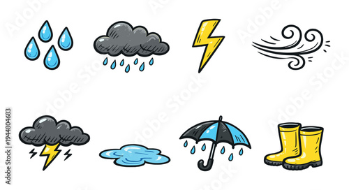 Thunder and rain icons arranged on dark gradient background