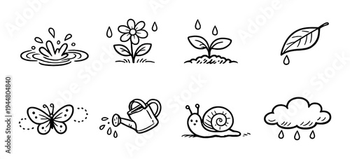 Garden icons with plant, snail and watering can on gray background
