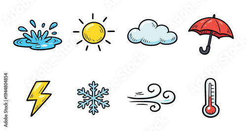 Colorful weather icons displayed on dark gradient background