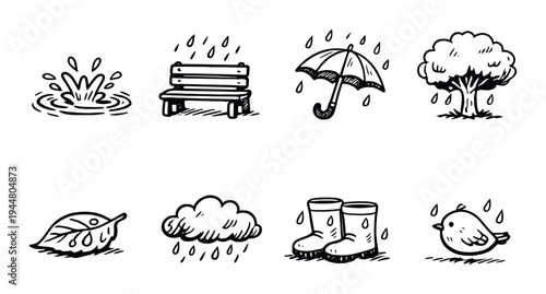 Rain themed icons showing puddle bench umbrella tree and boots