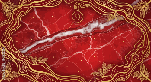 Elegant Red Marble Texture with Golden Swirling Frame and Decorative Elements