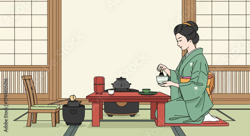 Woman in kimono preparing matcha tea in a traditional Japanese setting