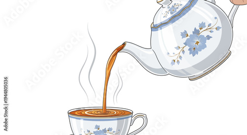 Pouring hot tea into an elegant floral teacup from a matching teapot.