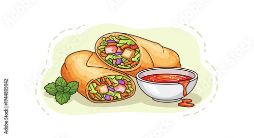 Fresh vegetable spring rolls with spicy dipping sauce cartoon illustration