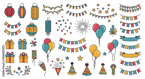 Set of festive party decorations and celebration icons in vector style