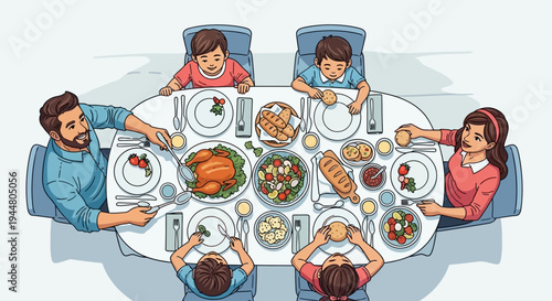 A happy family enjoys a delicious holiday meal together at the dining table.