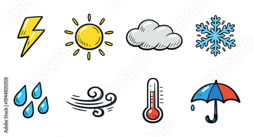 Weather icons sun snow rain wind temperature on dark background