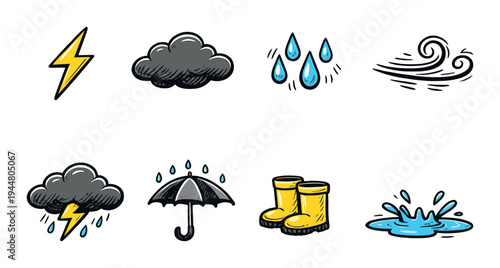 Weather icons lightning rain wind puddles on dark gradient