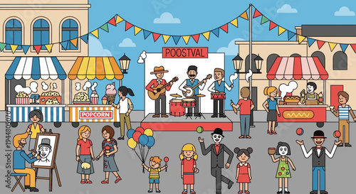 Lively street festival scene with diverse people, music, food stalls, and entertainment.