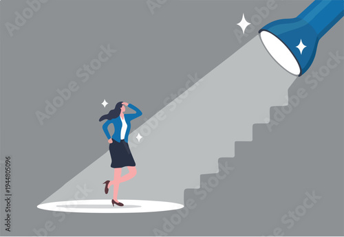 Career guidance or advice to step up career path, business direction or spotlight to success, discover talent or job candidate concept, flashlight staircase light beam to step up for business