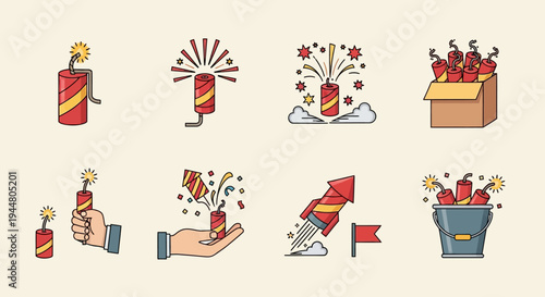 Collection of colorful flat design fireworks and firecracker icons