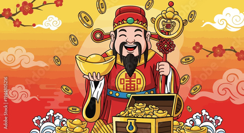 Chinese God of Wealth Caishen bringing good fortune and prosperity for Lunar New Year