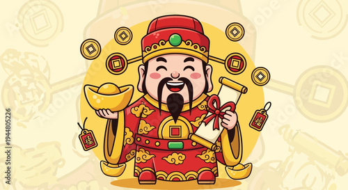 Smiling Caishen, Chinese God of Wealth, holding gold ingot and scroll.