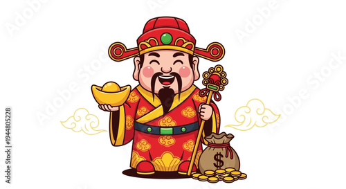Chinese God of Wealth Caishen holding gold ingot and money bag for Lunar New Year celebration
