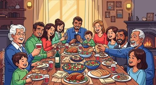 A multi-generational family enjoys a joyful meal around a wooden table.