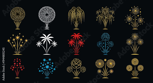 Set of colorful fireworks illustrations on black background.
