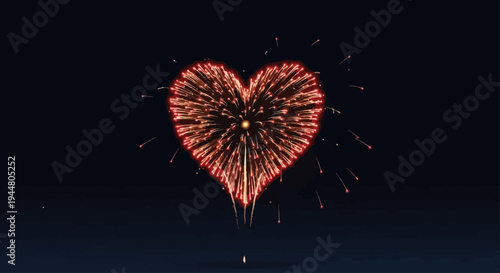Heart-shaped fireworks explode against the dark night sky.
