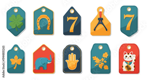 Collection of various good luck charms and symbols on tags.