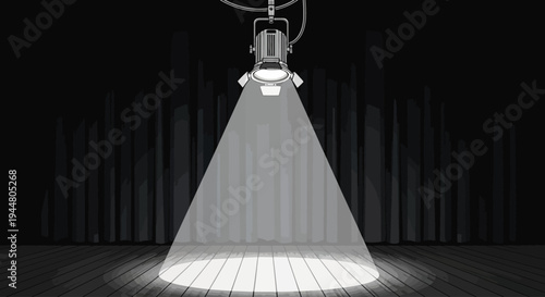 Empty theatre stage illuminated by a single bright spotlight on a dark background