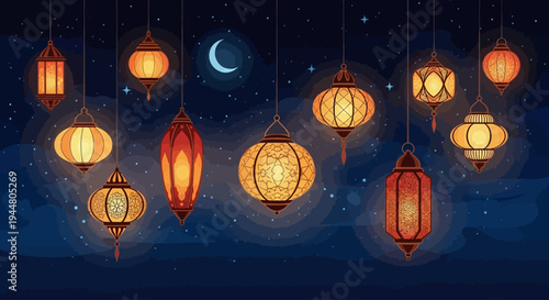 Festive Ramadan lanterns illuminating the starry night sky with a crescent moon.
