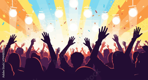 Silhouette of crowd with raised hands at music festival concert stage