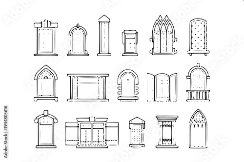 Simple vector illustration of a suburban house silhouette, dark gray solid shape, garage on left, centered arched doorway, two arched windows above, right side window with shutters, minimalist real es