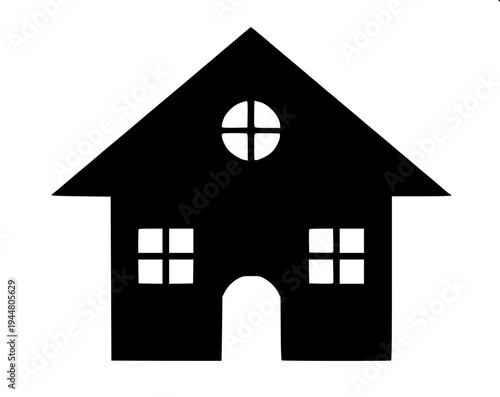 Simple vector illustration of a suburban house silhouette, dark gray solid shape, garage on left, centered arched doorway, two arched windows above, right side window with shutters, minimalist real es