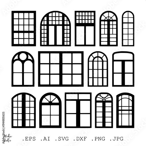 Simple vector illustration of a suburban house silhouette, dark gray solid shape, garage on left, centered arched doorway, two arched windows above, right side window with shutters, minimalist real es