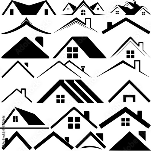 Simple vector illustration of a suburban house silhouette, dark gray solid shape, garage on left, centered arched doorway, two arched windows above, right side window with shutters, minimalist real es