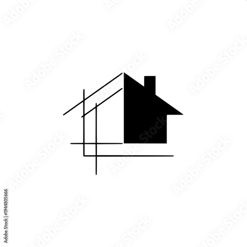Simple vector illustration of a suburban house silhouette, dark gray solid shape, garage on left, centered arched doorway, two arched windows above, right side window with shutters, minimalist real es