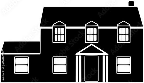 Simple vector illustration of a suburban house silhouette, dark gray solid shape, garage on left, centered arched doorway, two arched windows above, right side window with shutters, minimalist real es