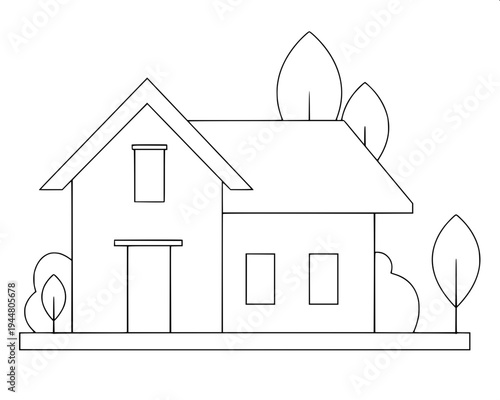 Simple vector illustration of a suburban house silhouette, dark gray solid shape, garage on left, centered arched doorway, two arched windows above, right side window with shutters, minimalist real es
