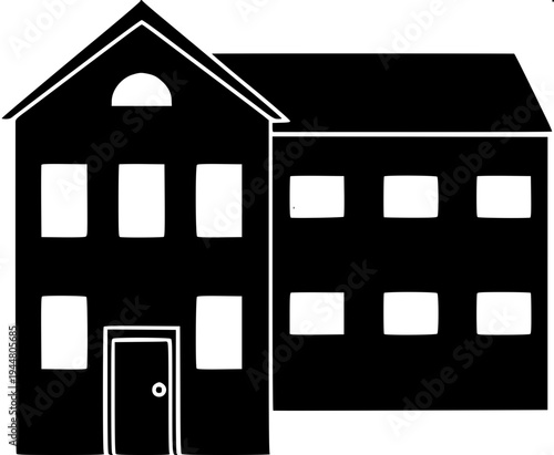 Simple vector illustration of a suburban house silhouette, dark gray solid shape, garage on left, centered arched doorway, two arched windows above, right side window with shutters, minimalist real es