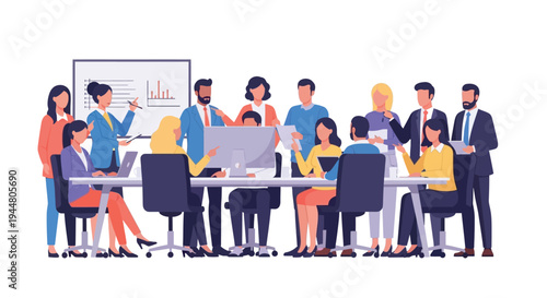 A group of business people gathered around a conference table with laptops and a whiteboard in a meeting